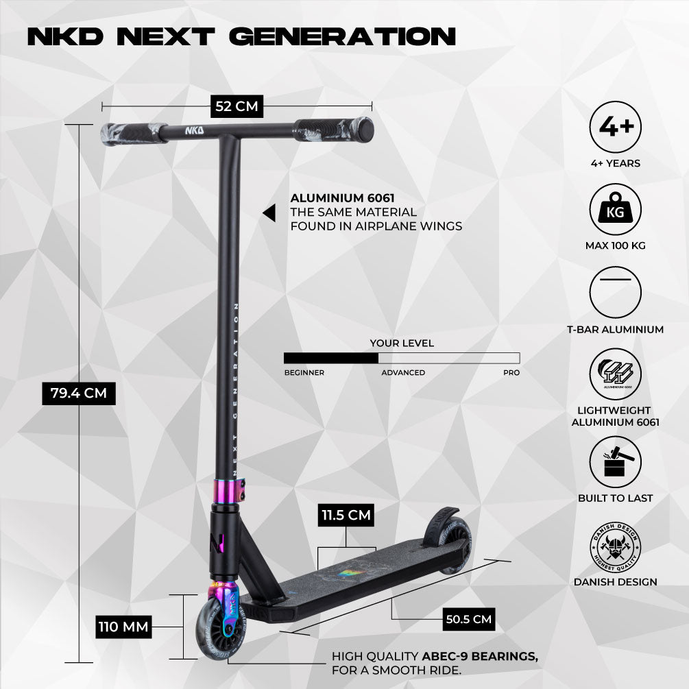 NKD Next Generation Stunt Scooter Schwarz Neo-Chrom-Details 79,5 cm